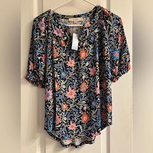 LOFT Black Floral Blouse with Pink and Orange Accents